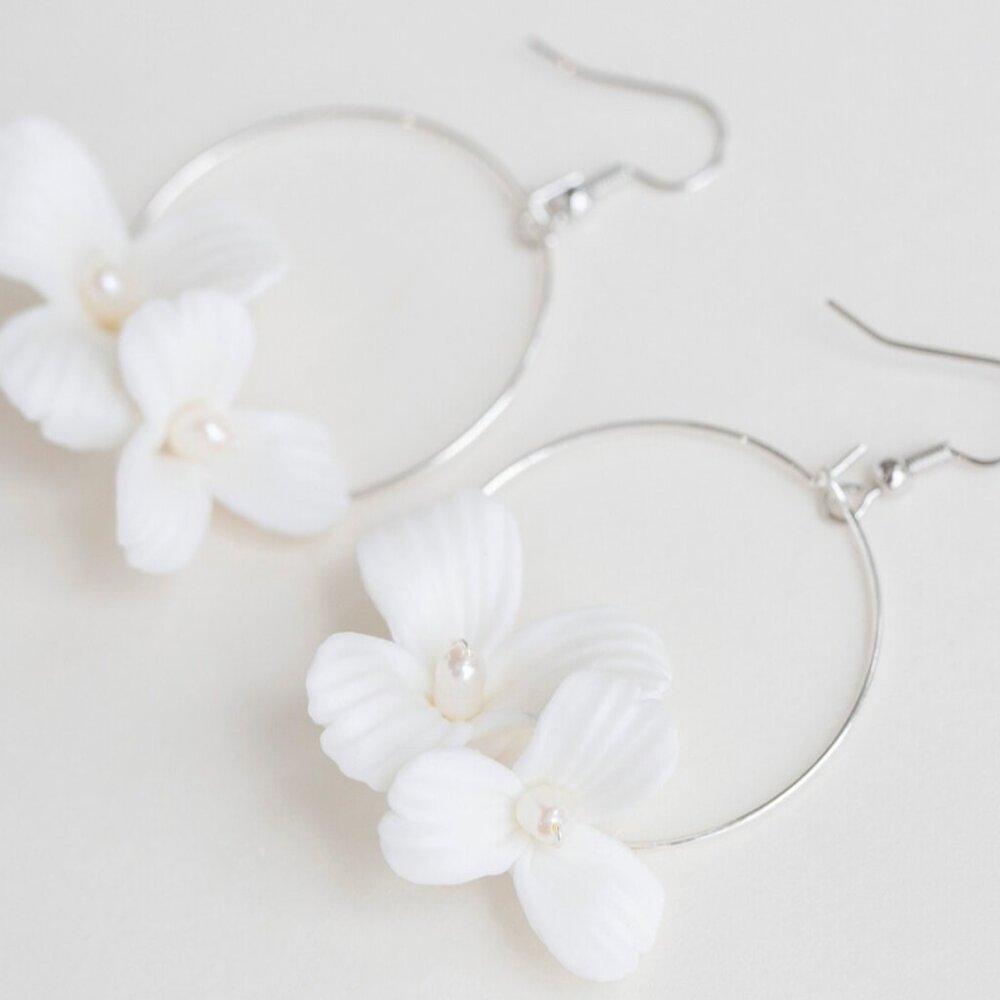 White Flower Hoop Dangle Earrings